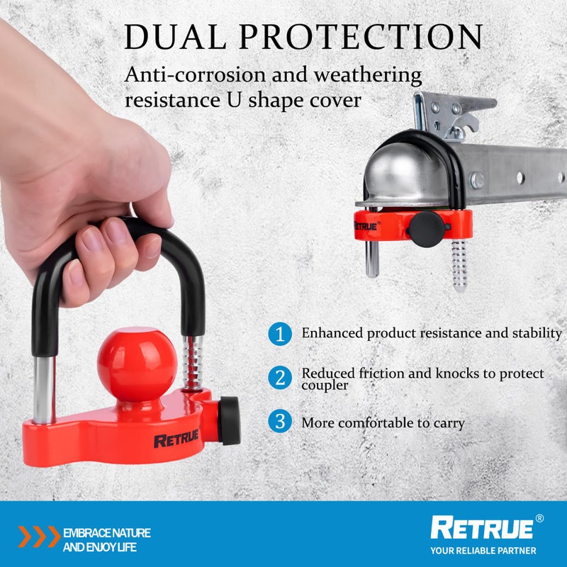 RETRUE Universal Trailer Ball Lock Hitch Coupler Locks Fits 1-7/8 Inch, 2 Inch, 2-5/16 Inch Couplers Adjustable Security with Weatherproof Cover and Cap, Red - Image 4